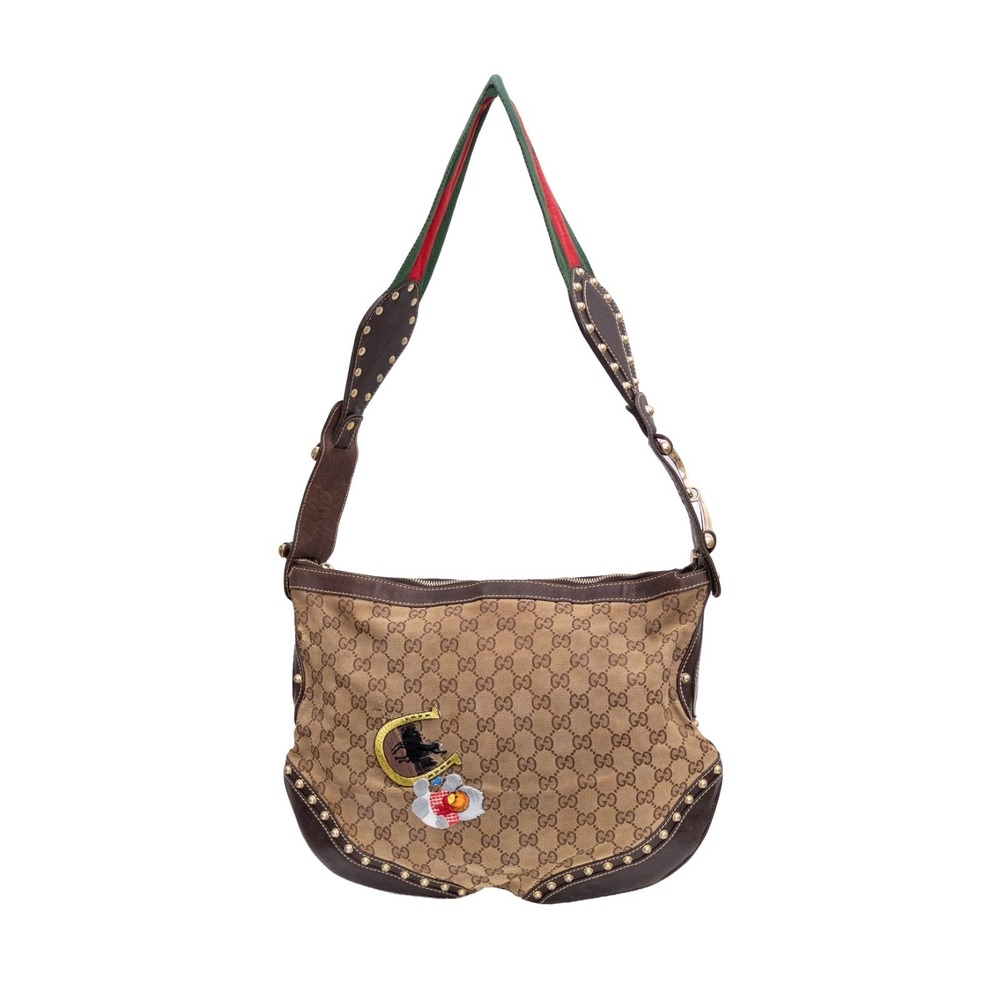 Gucci GG Canvas Pelham Horsebit Studded Hobo Bag Web Strap‎ 153691 Brown